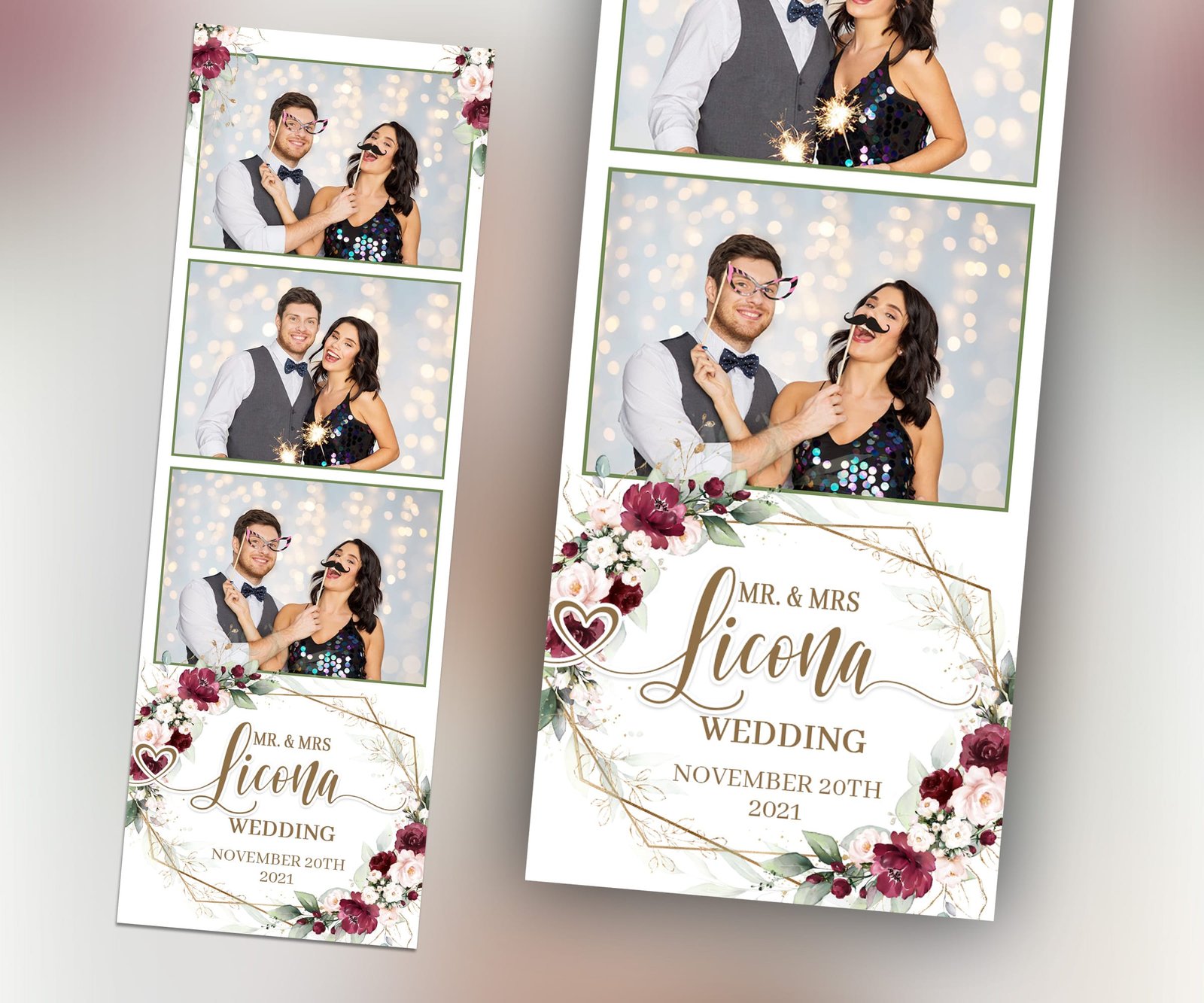Burgundy Floral Wedding Photobooth Template with Greenery